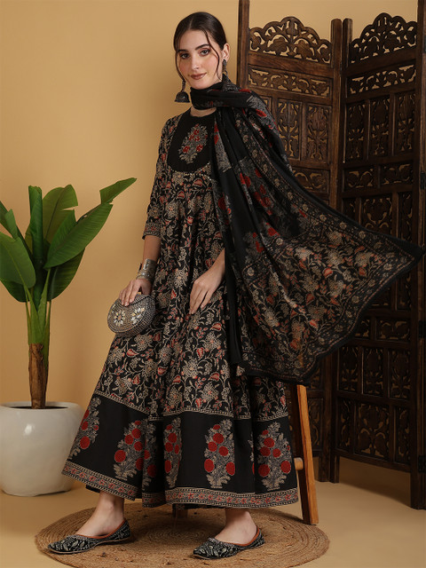 KIMAYRA Floral Printed Anarkali Pure Cotton Kurta With Palazzos And Dupatta - Image 4