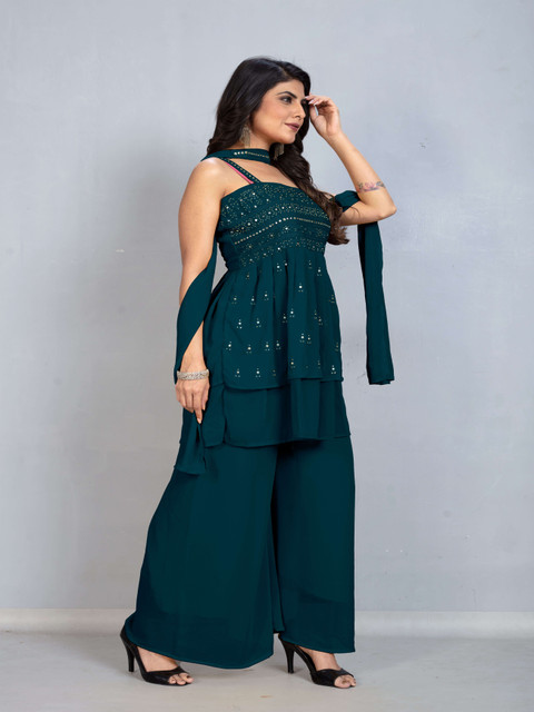 SANCIA Floral Embroidered Shoulder Straps Georgette A-Line Kurti With Palazzo & Dupatta - Image 3