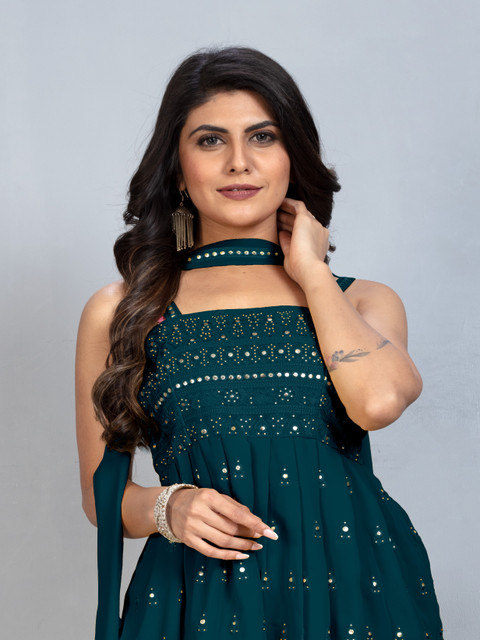 SANCIA Floral Embroidered Shoulder Straps Georgette A-Line Kurti With Palazzo & Dupatta - Image 6