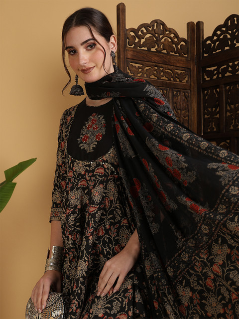 KIMAYRA Floral Printed Anarkali Pure Cotton Kurta With Palazzos And Dupatta - Image 2