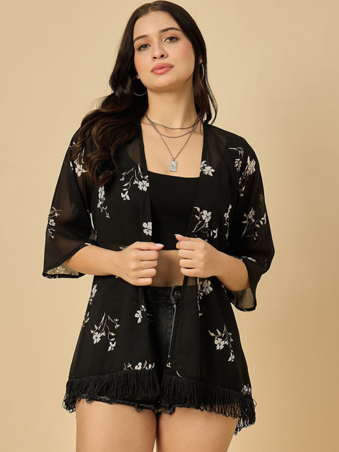 Azira Floral Printed Tasselled Open Front Georgette Shrug