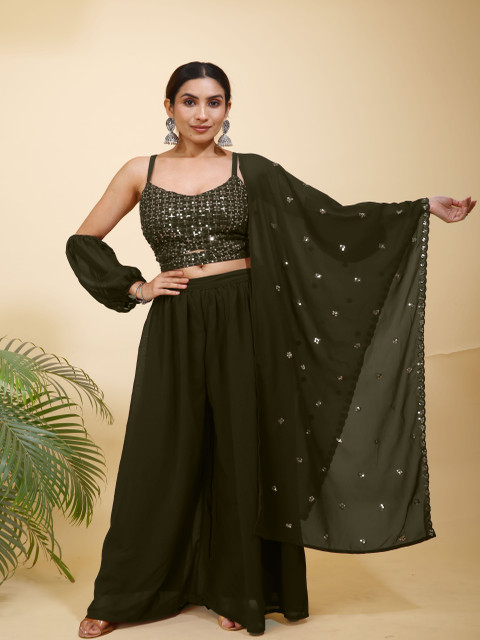 SANCIA Shoulder Straps Detachable Sleeves Ethnic Crop Top With Palazzos & Dupatta