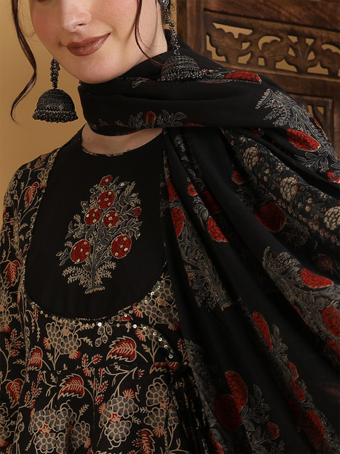 KIMAYRA Floral Printed Anarkali Pure Cotton Kurta With Palazzos And Dupatta - Image 7