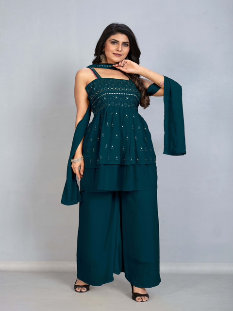 SANCIA Floral Embroidered Shoulder Straps Georgette A-Line Kurti With Palazzo & Dupatta - Image 5