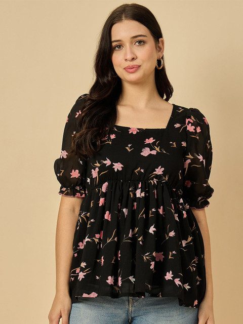 Azira Women Floral Printed Georgette Puff Sleeve Empire Top
