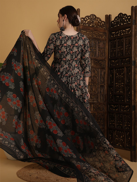 KIMAYRA Floral Printed Anarkali Pure Cotton Kurta With Palazzos And Dupatta - Image 5
