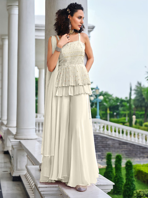 SANCIA Shoulder Straps Embroidered Ethnic Tunic With Palazzos & Dupatta