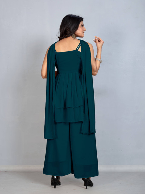 SANCIA Floral Embroidered Shoulder Straps Georgette A-Line Kurti With Palazzo & Dupatta - Image 2