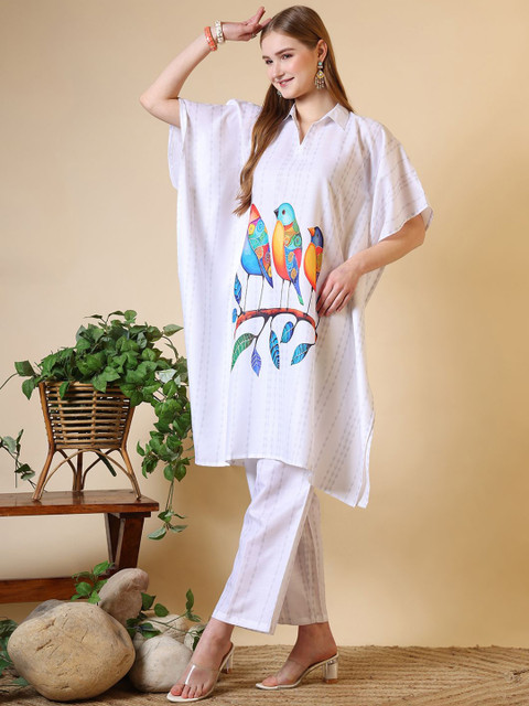 Anouk White Floral Printed Shirt Collar Kaftan With Trousers