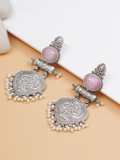 JEWILLEY Parnika Silver-Plated Artificial Stones Studded & Beaded Oxidised Chandbalis