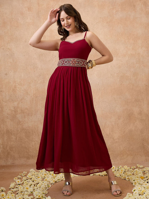 Globus Sweetheart Neck Shoulder Straps Embroider Tie-Up Tiered A-Line Maxi Festive Dress