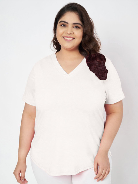 BRINNS Women Plus Size Solid V-Neck Cotton T-shirt