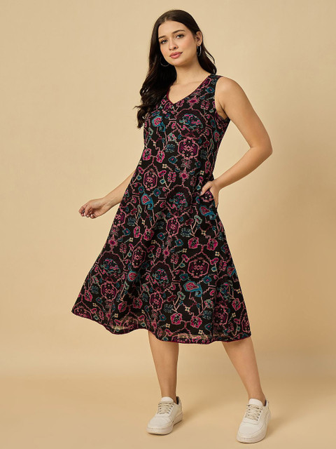 Azira Women Black Printed V-Neck A-Line Midi Ethnic Dress