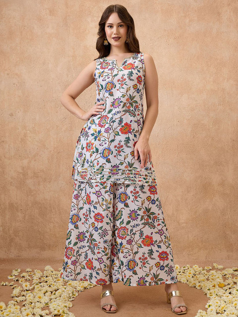 Globus Round Neck Floral Print Lace Insert Tunic with Palazzos Festive Co-Ord Set