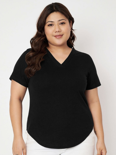 BRINNS Women Plus Size Solid V-Neck Cotton T-shirt
