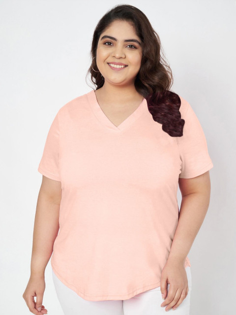 BRINNS Women Plus Size Solid V-Neck Cotton T-shirt