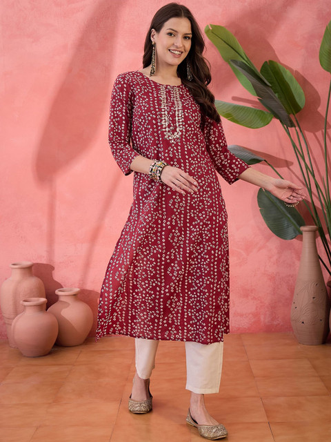 Sangria Bandhani Printed Round Neck Pure Cotton Straight Kurta