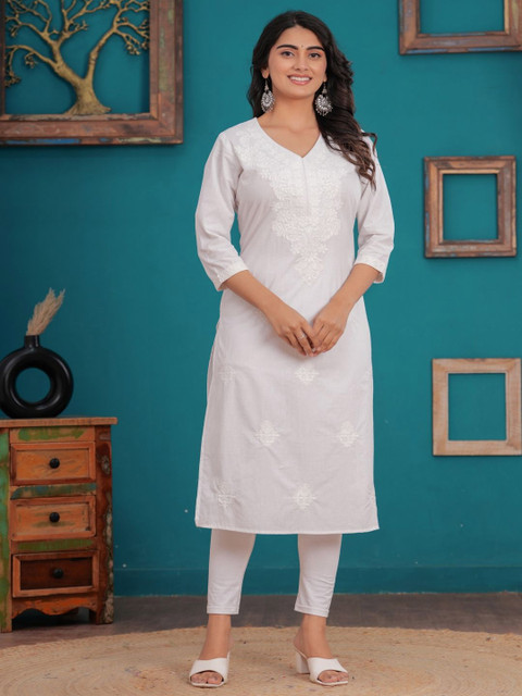 RANI PRINTS Ethnic Motifs Chikankari V-Neck Straight Pure Cotton Kurta
