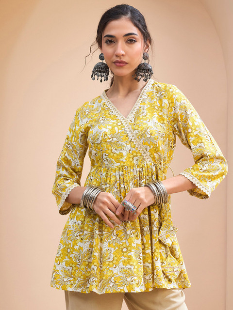 Shae by SASSAFRAS Floral Printed V-Neck Gotta Patti Gotta Patti Angrakha Kurti