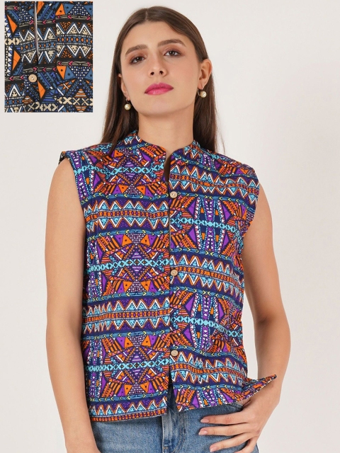 IX IMPRESSION Women Geometric Printed Sleeveless Reversible Tailored Jacket