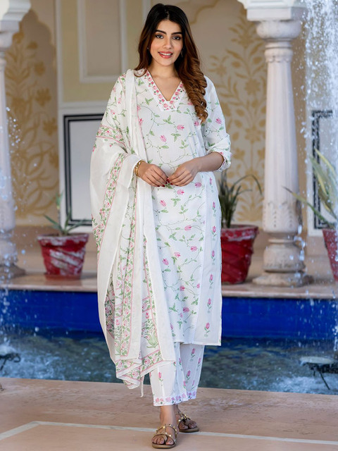 KALINI Floral Printed Thread Work Pure Cotton Kurta With Trousers & Dupatta