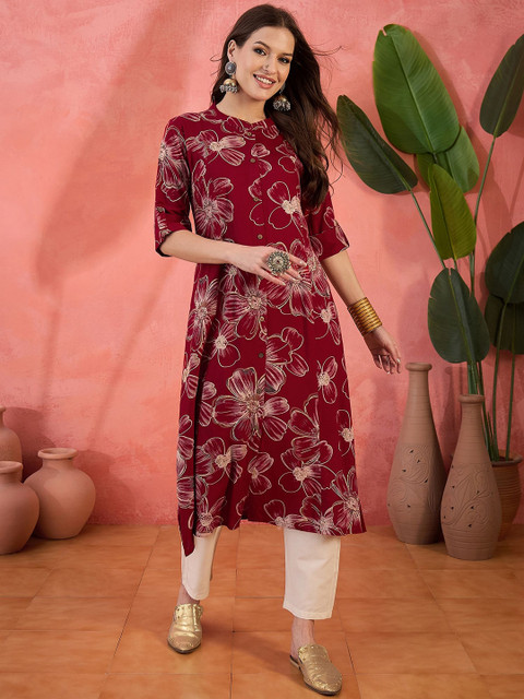 Sangria Floral Printed High Slit Mandarin Collar Pure Cotton A-Line Kurta