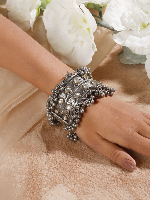 Sangria German Silver-Plated Leaf Kundan Studded Oxidised Cuff Bracelet