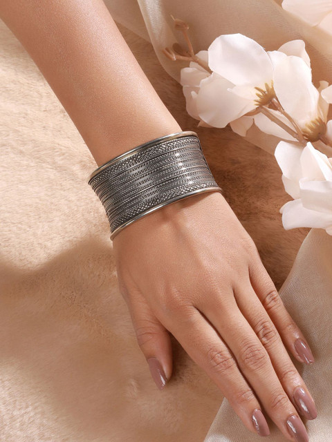 Sangria German Silver-Plated Textured Oxidised Cuff Bracelet