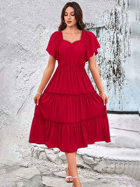 KERI PERRY Sweetheart Neck Flared Sleeve Ruffled Tiered Fit & Flare Midi Dress