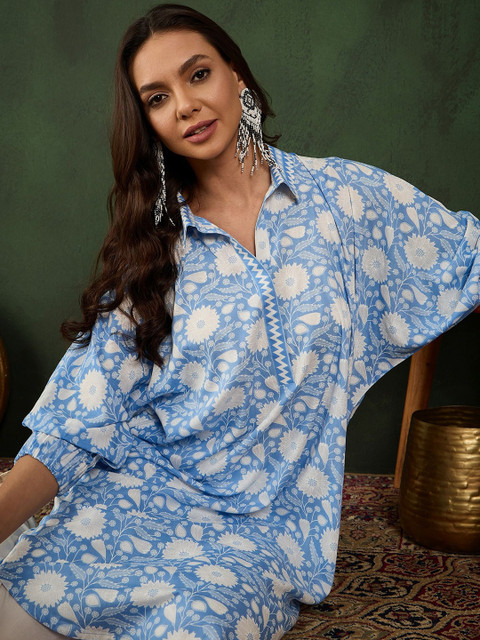 Sangria Floral Printed Shirt Collar Puff Sleeves Oversized Straight Kurta
