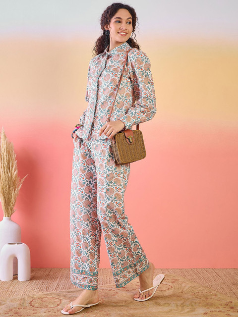 Sangria Floral Printed Cotton Shirt With Trousers - Image 6