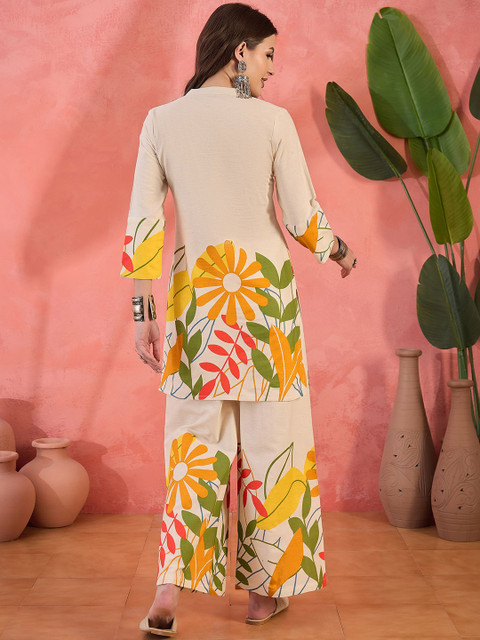 Sangria Floral Printed Pure Cotton Tunic With Palazzos - Image 6