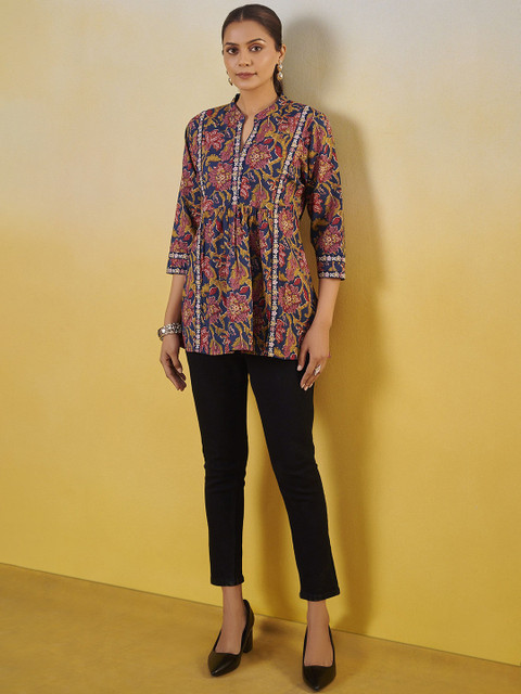 Anouk Floral Printed Pleated Mandarin Collar Pure Cotton A-Line Kurti