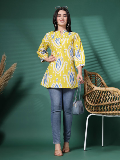 Sangria Printed Cotton Mandarin Collar Top