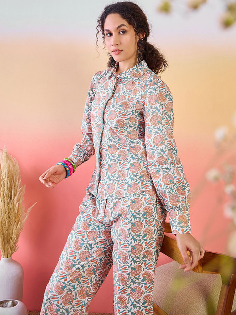 Sangria Floral Printed Cotton Shirt With Trousers - Image 7