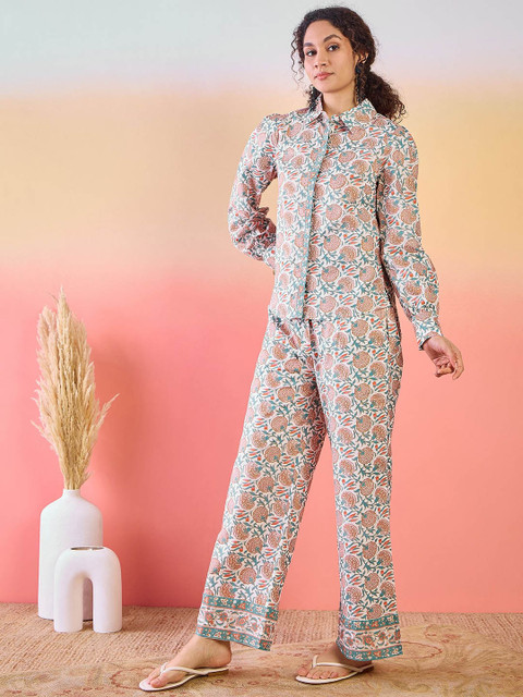 Sangria Floral Printed Cotton Shirt With Trousers - Image 4