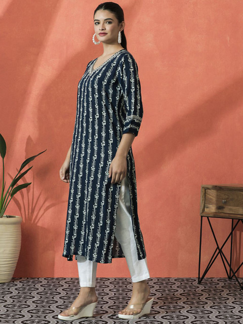 Sangria Floral Printed V-Neck Mirror Work Straight Kurta - Image 4