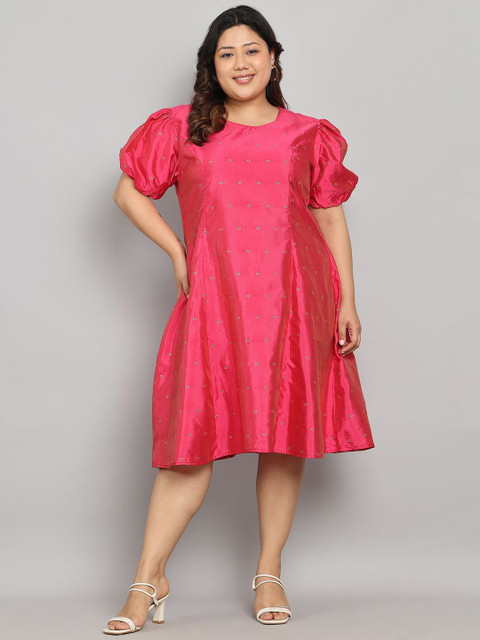 Tulsattva Women Geometric Embroidered Plus Size A-Line Midi Dress