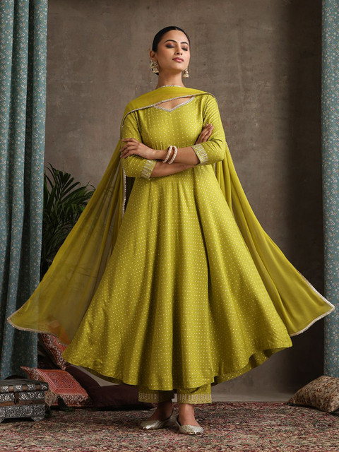 Khushal K Floral Printed Sweet Heart Neck Anarkali Kurta with Palazzos & With Dupatta