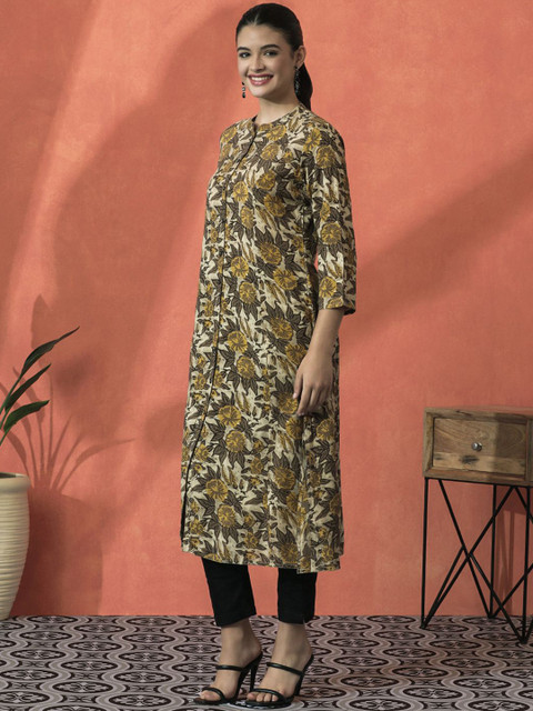 Sangria Floral Printed Mandarin Collar Three-Quarter Sleeves Panelled A-Line Kurta - Image 4
