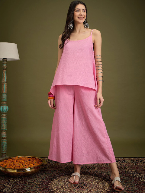 Sangria Striped Pure Cotton Sleeveless Top & Palazzos
