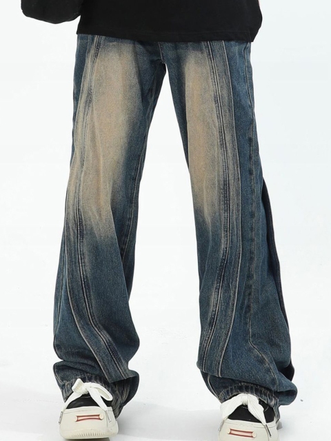 HERE&NOW Men Wide Leg Mid-Rise Heavy Fade Cotton Jeans
