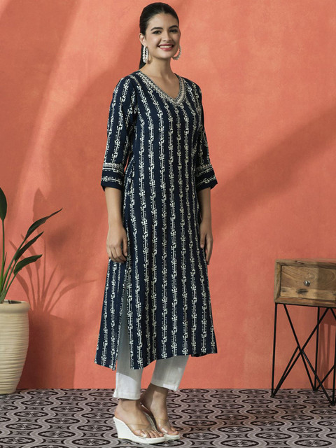 Sangria Floral Printed V-Neck Mirror Work Straight Kurta - Image 3