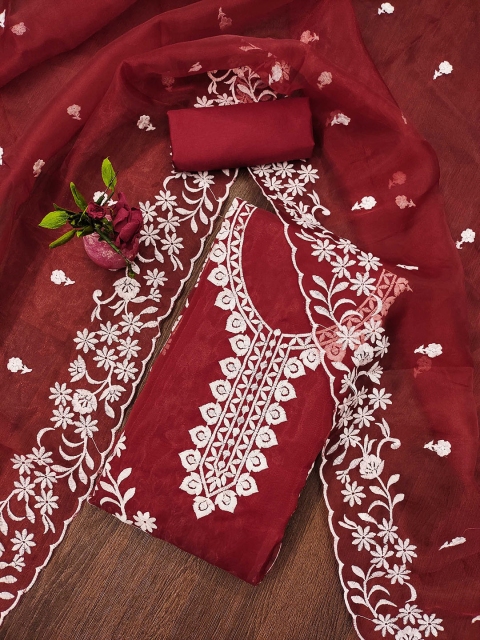 SAINOOR Embroidered Thread Work Organza Semi-Stitched Dress Material