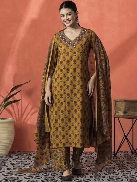 Sangria Floral Printed V-Neck Beaded Pure Cotton Straight Kurta With Trouser And Dupatta