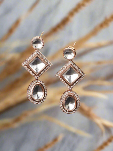 Anouk Rose Gold Plated Cubic Zirconia Studded Geometric Shaped Drop Earrings