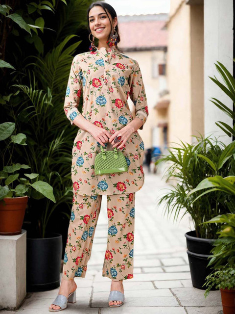 Anouk Floral Printed Mandarin Collar Pure Cotton Tunic And Trouser