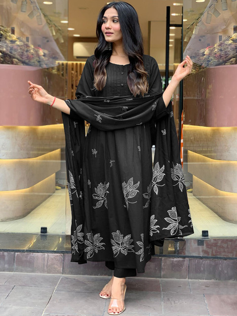 GoSriKi Floral Printed Pleated Round Neck Anarkali Kurta With Trousers & Dupatta