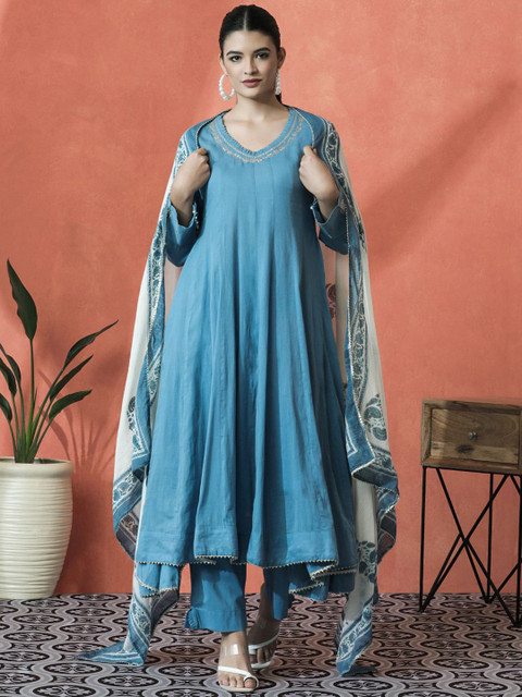 Sangria V-Neck Panelled Zari Pure Cotton A-Line Kurta With Trouser And Dupatta