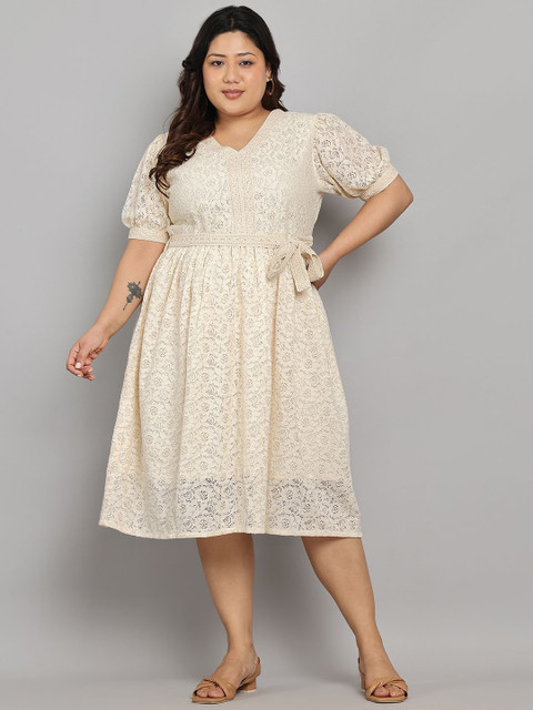 Tulsattva Women Self Design Cotton Plus Size Fit & Flare Midi Dress